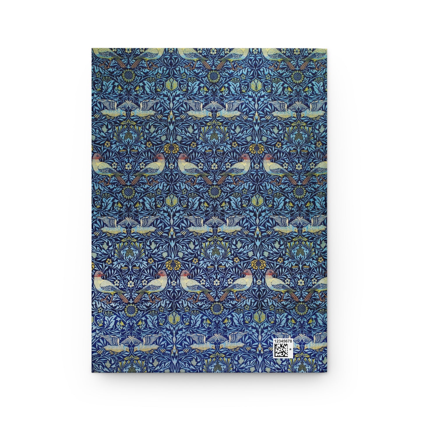 Notebook with a blue floral and bird pattern on a white background
