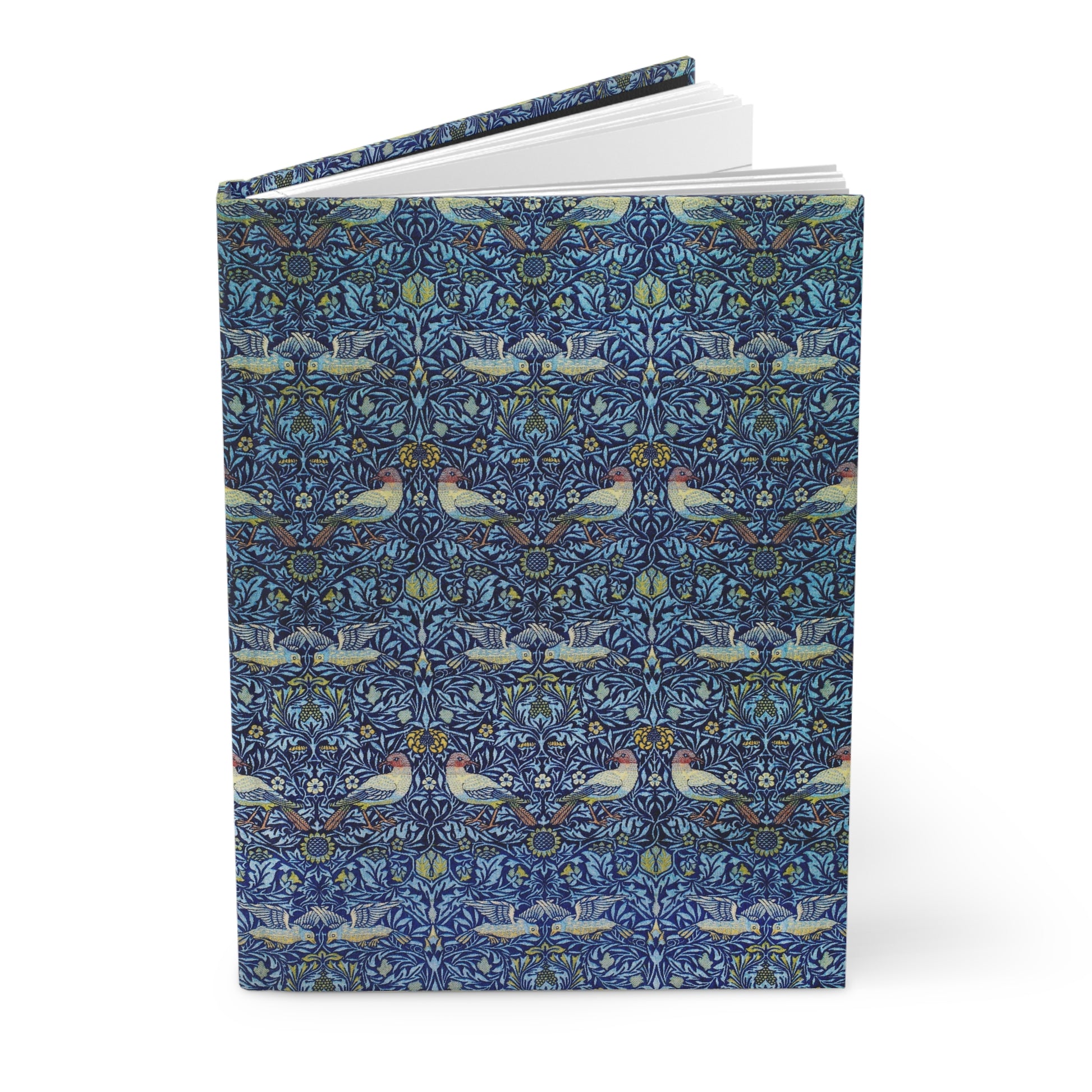 Notebook with a blue floral and bird pattern on a white background