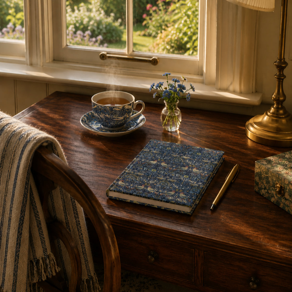 Tea cup with steam, notebook, pen, and vase of flowers on a wooden table by a window.