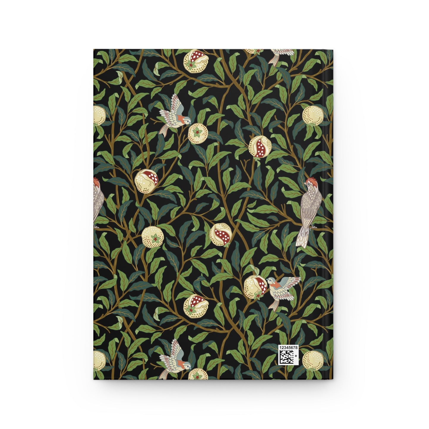 Notebook with a William Morris & Co decorative cover featuring birds and foliage on a black background