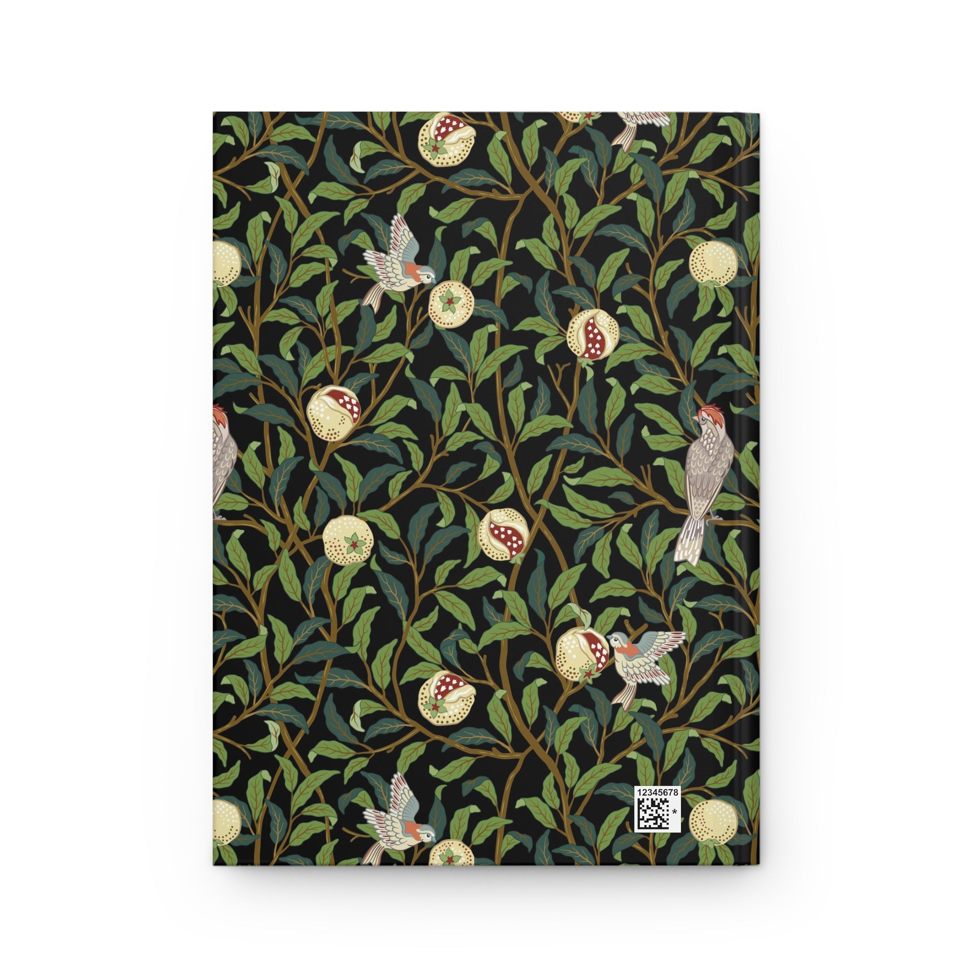 Notebook with a William Morris & Co decorative cover featuring birds and foliage on a black background