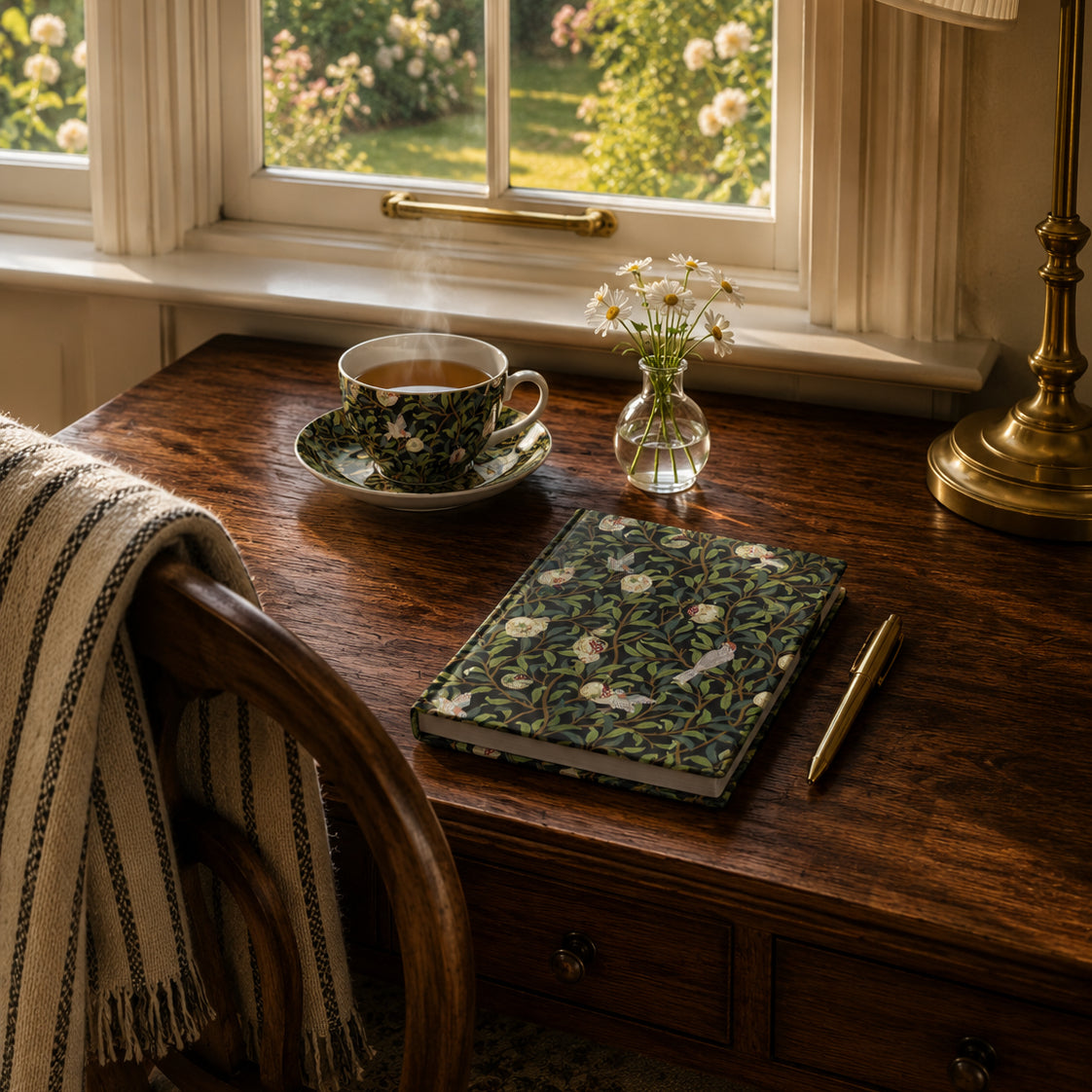 Teacup with saucer, notebook, and pen on a wooden desk by a window with floral view.