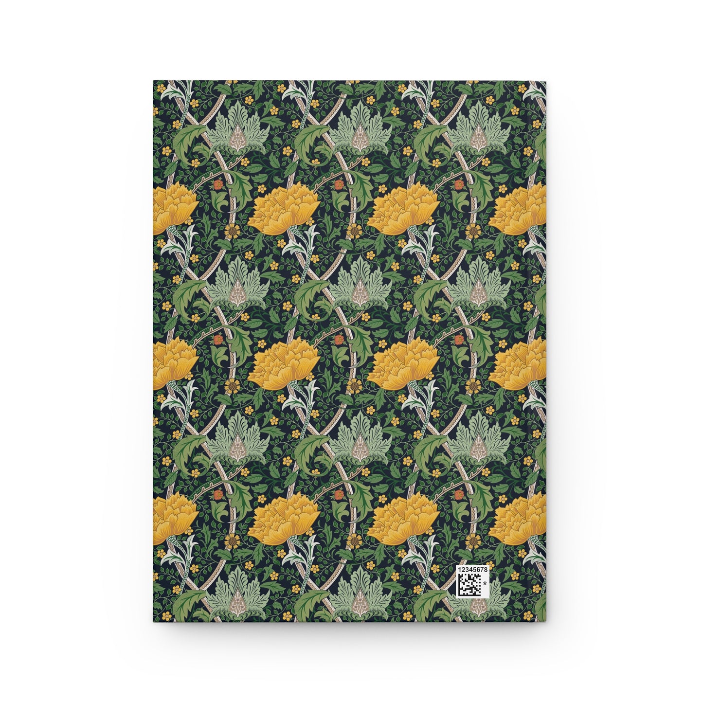 Notebook with a floral pattern featuring yellow flowers and green leaves on a dark green background.
