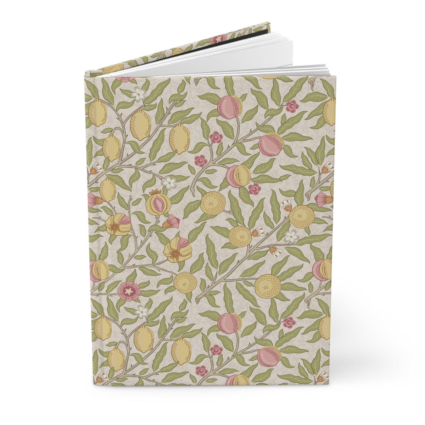 Notebook with a floral and fruit pattern on a white background