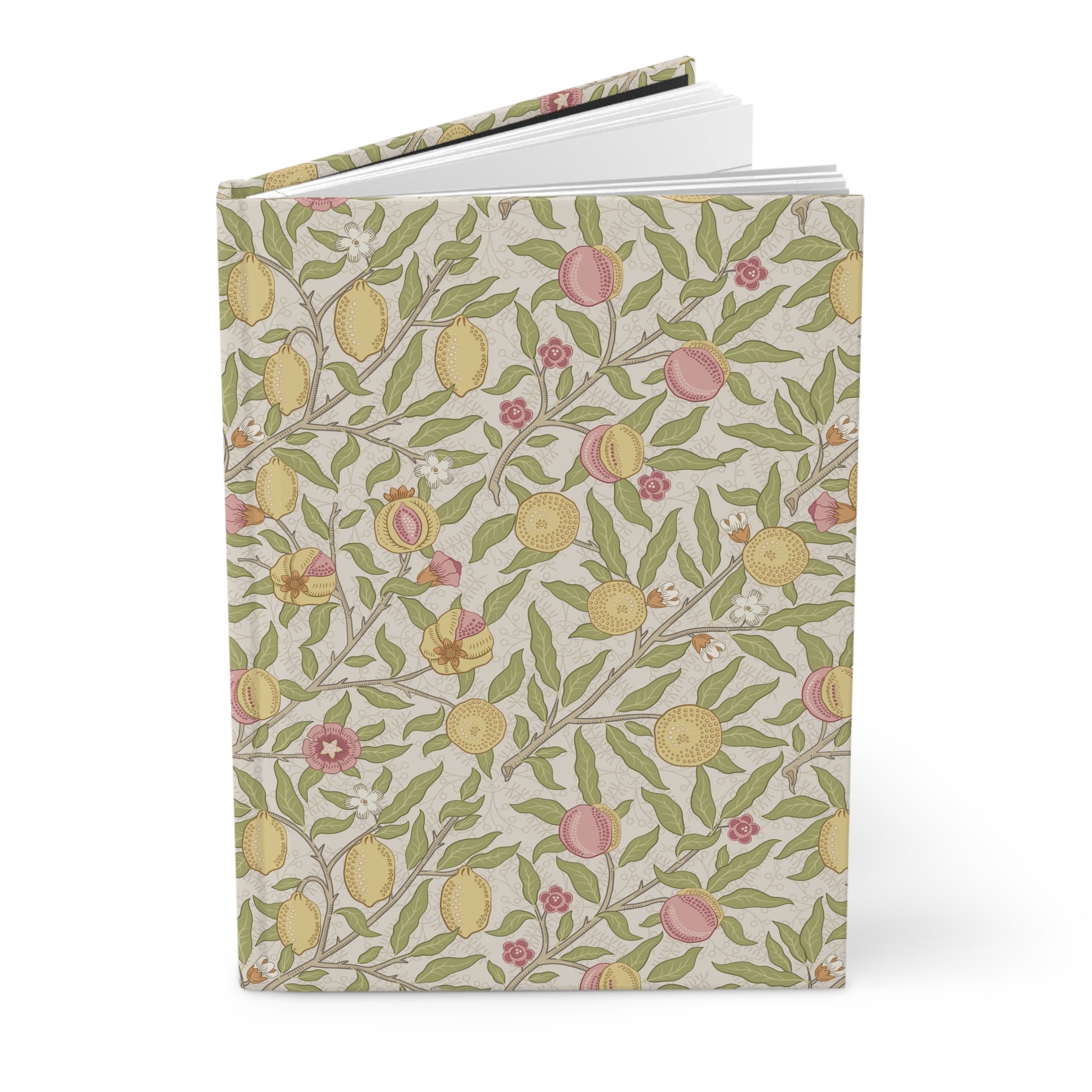 Notebook with a floral and fruit pattern on a white background