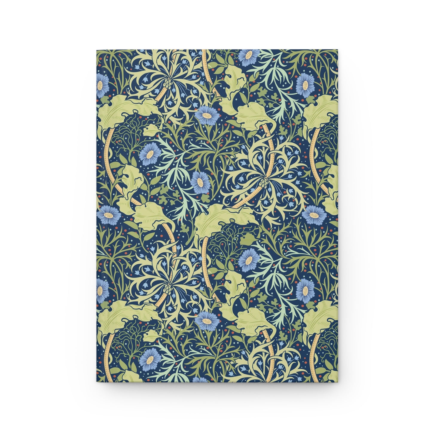 Notebook with William Morris & Co floral and deer pattern on a white background