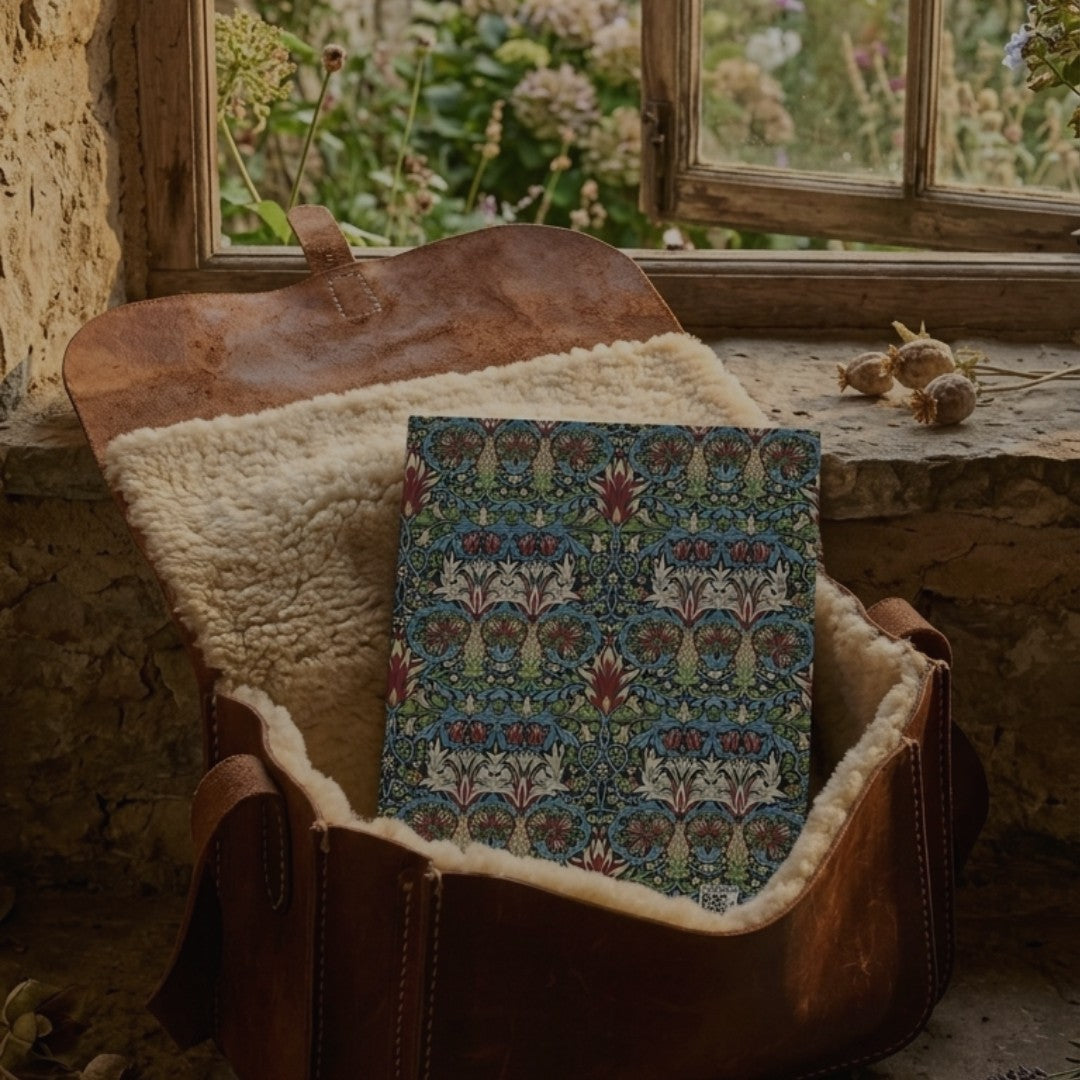 A brown leather bag with a cream sherpa lining sits open on a stone windowsill, with a patterned textile or book cover placed inside. The background shows a rustic stone wall and a window with outdoor greenery visible.