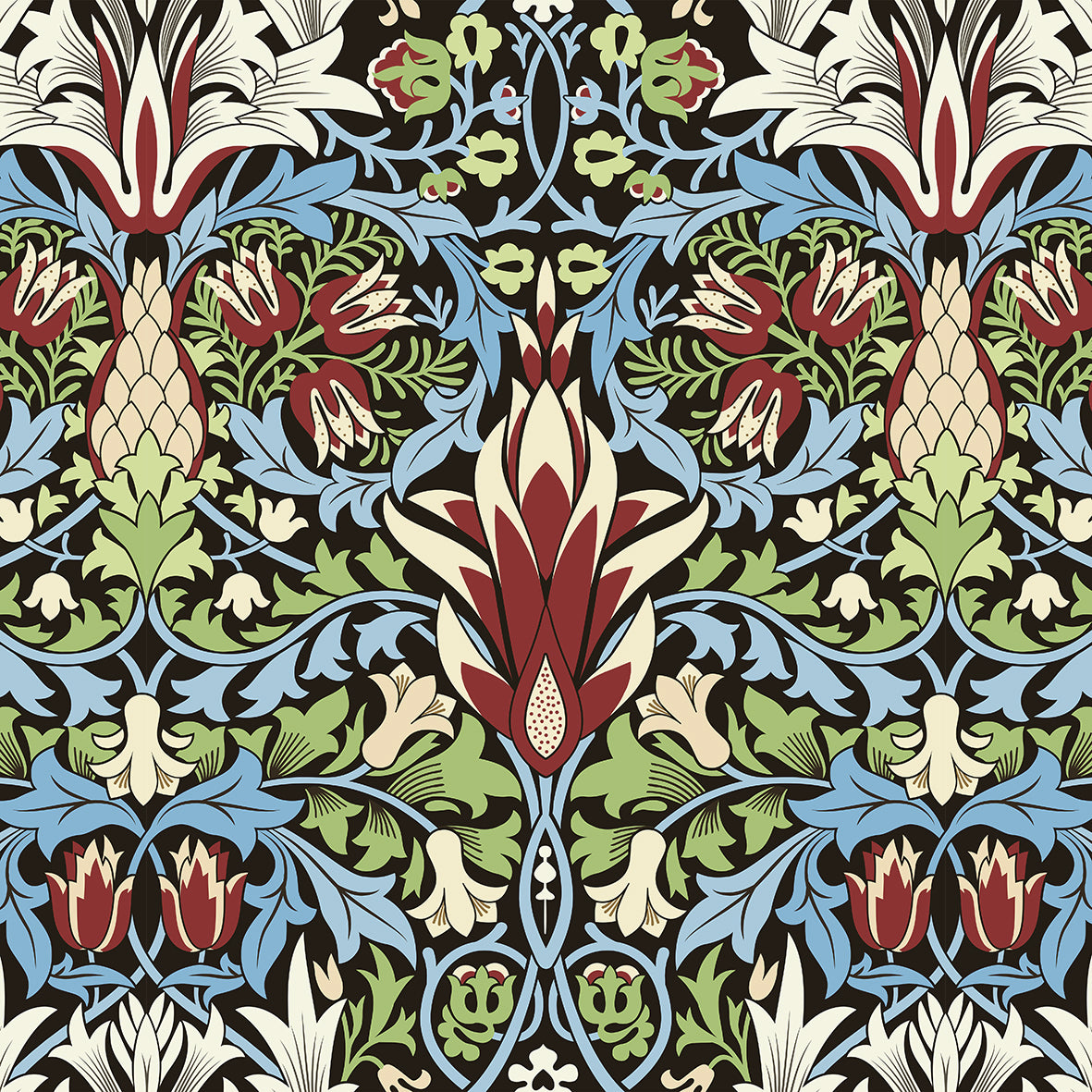 Decorative pattern with floral and leaf designs in red, green, blue, and white on a black background.