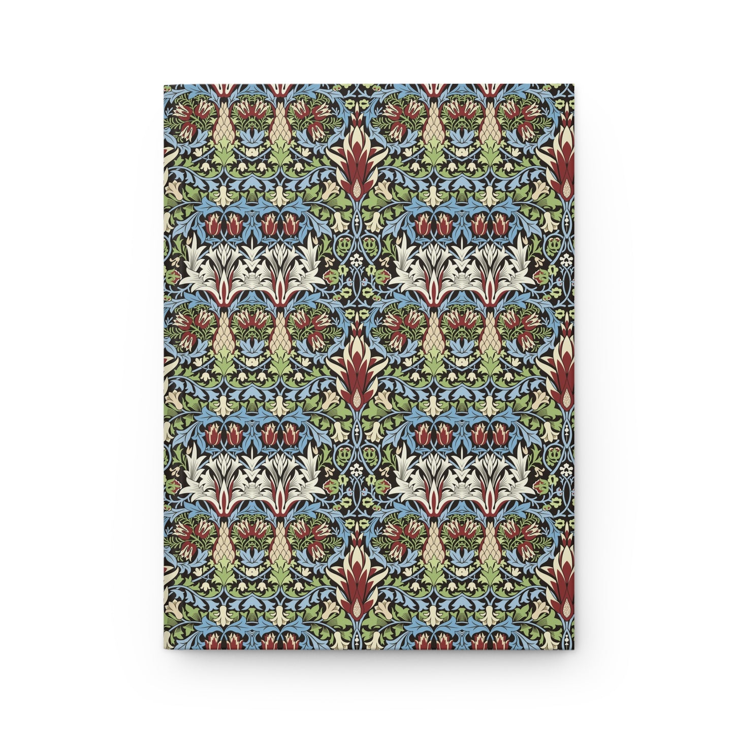 A rectangular notebook or journal with a dense, symmetrical Art Nouveau pattern featuring blue, green, red, and cream motifs, shown against a plain white background.