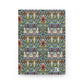 A hardcover notebook featuring a dense, symmetrical William Morris-style floral pattern in blue, green, cream, and rust red, with a small white publisher logo in the bottom right corner.