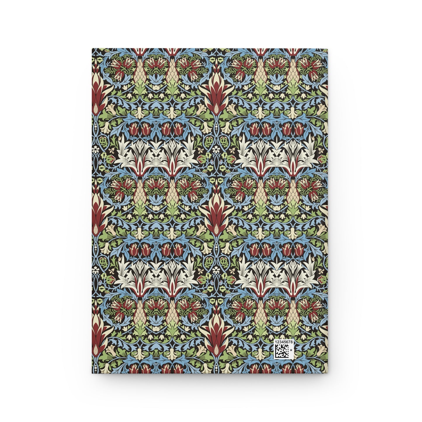 A hardcover notebook featuring a dense, symmetrical William Morris-style floral pattern in blue, green, cream, and rust red, with a small white publisher logo in the bottom right corner.