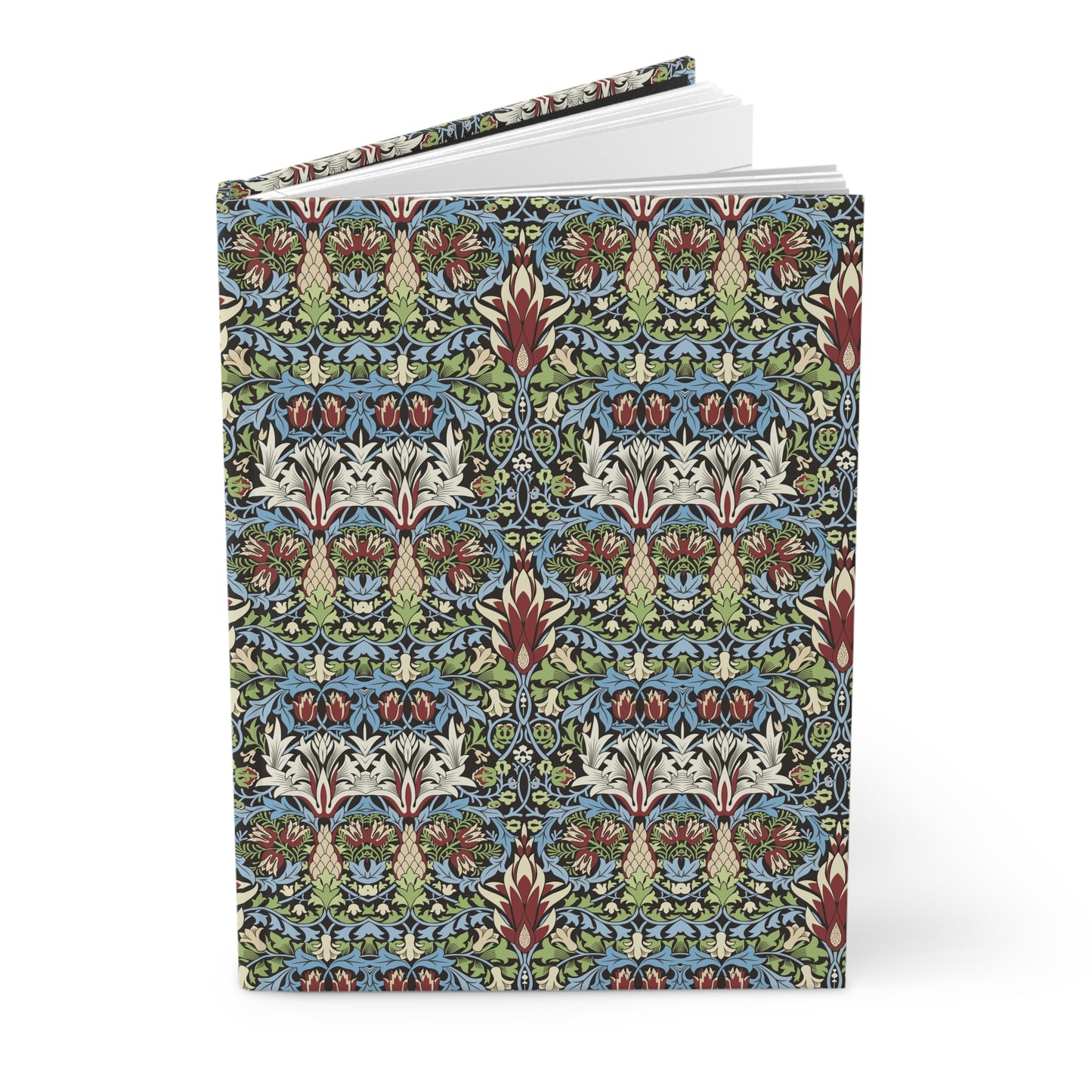A hardcover notebook featuring a detailed, symmetrical Victorian-style floral pattern in blue, green, red, and cream, shown standing upright on a white background.