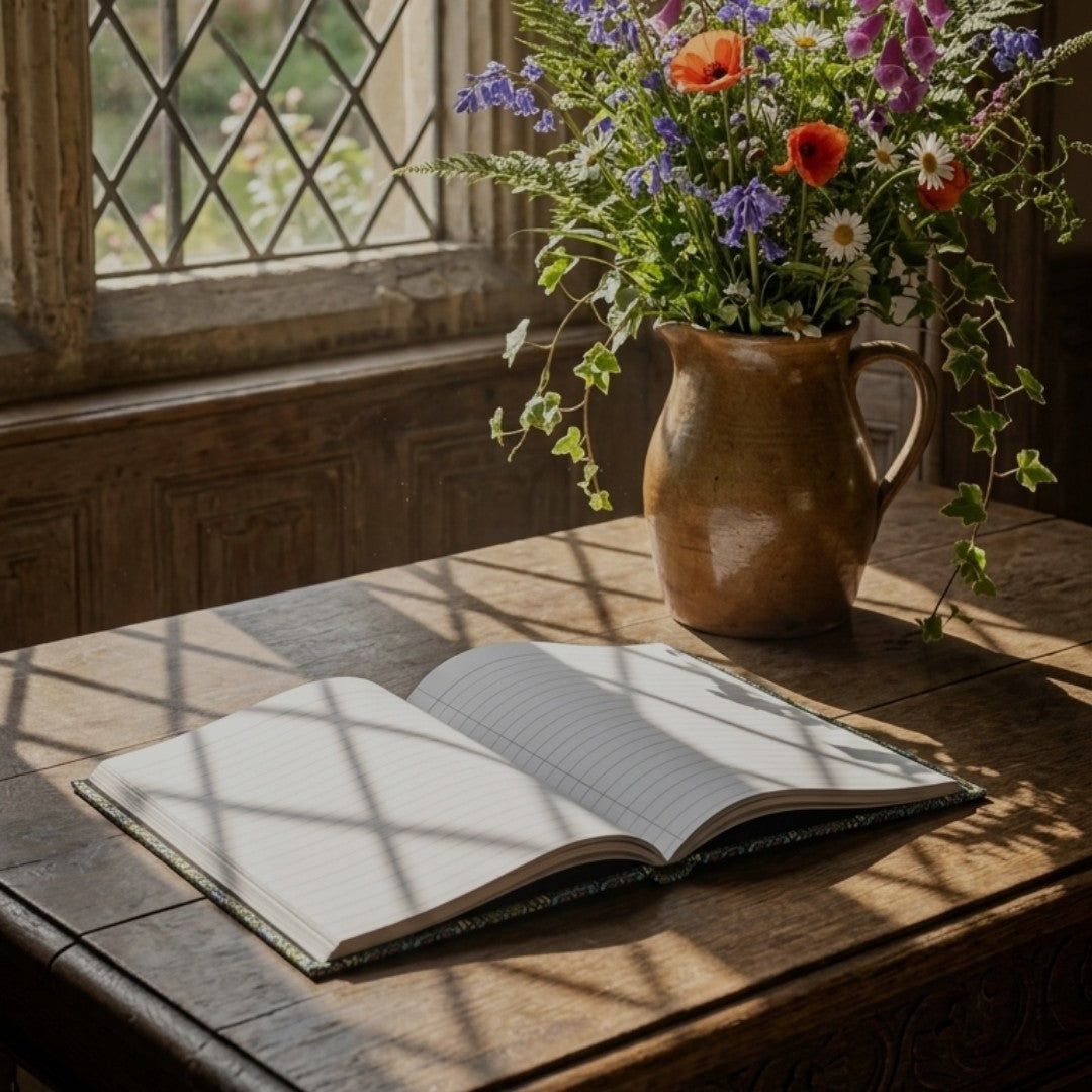 An open lined notebook lies on a rustic wooden table in warm sunlight, with a ceramic pitcher of wildflowers beside it and a window with diamond panes in the background.