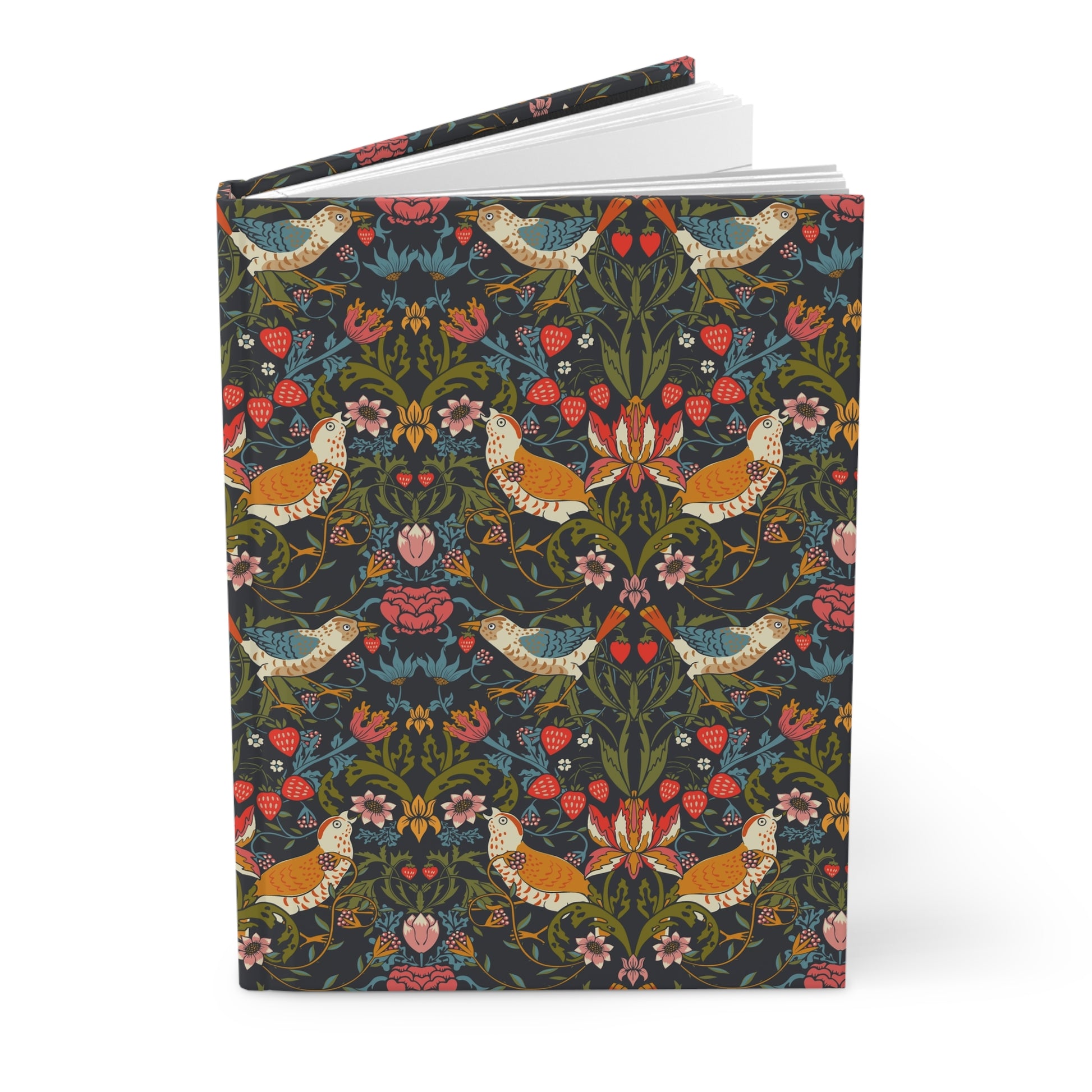 Notebook with a colorful floral and bird pattern on a white background