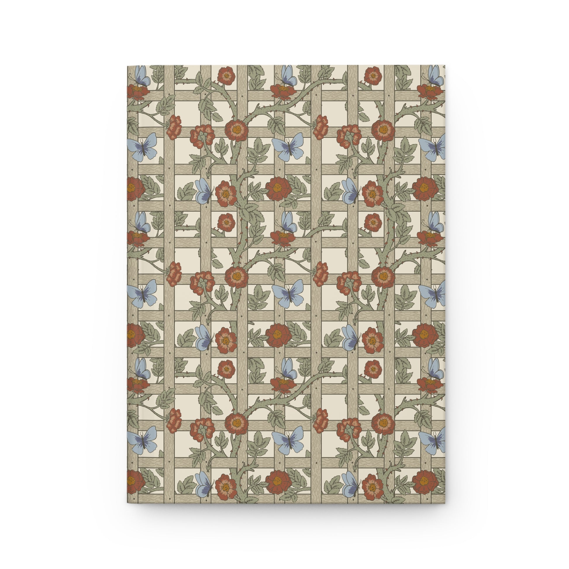 Notebook with William Morris & Co floral and butterfly pattern on beige background