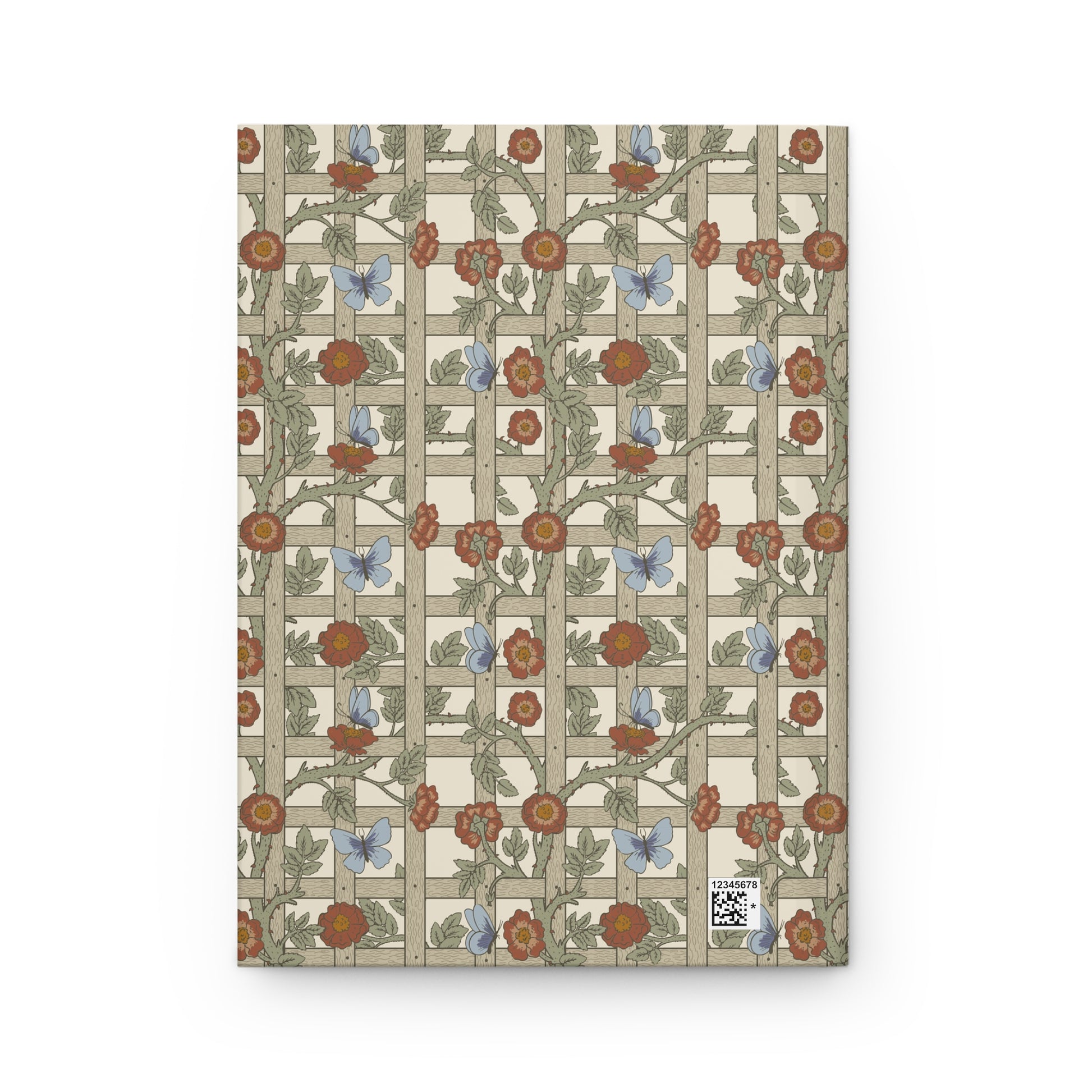 Notebook with William Morris & Co floral and butterfly pattern on beige background