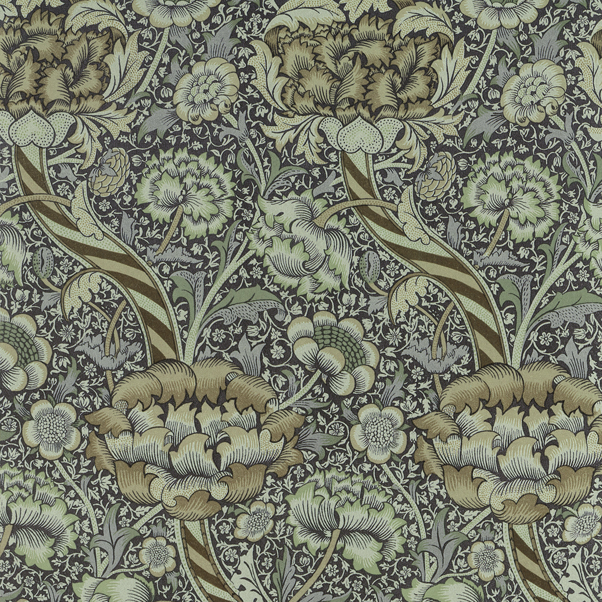 Floral patterned fabric with green and brown flowers on a dark background