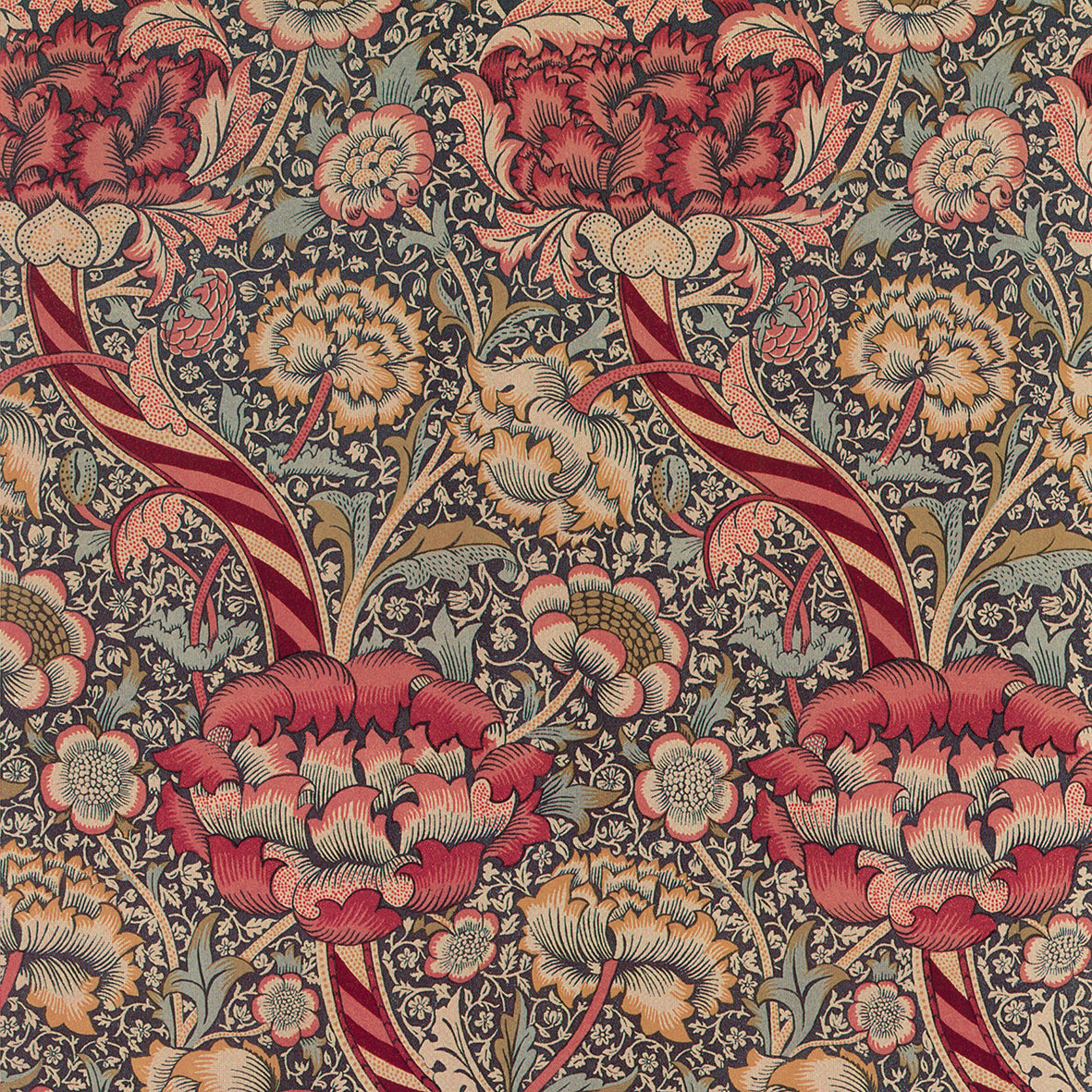Decorative floral pattern with red and pink flowers on a dark background