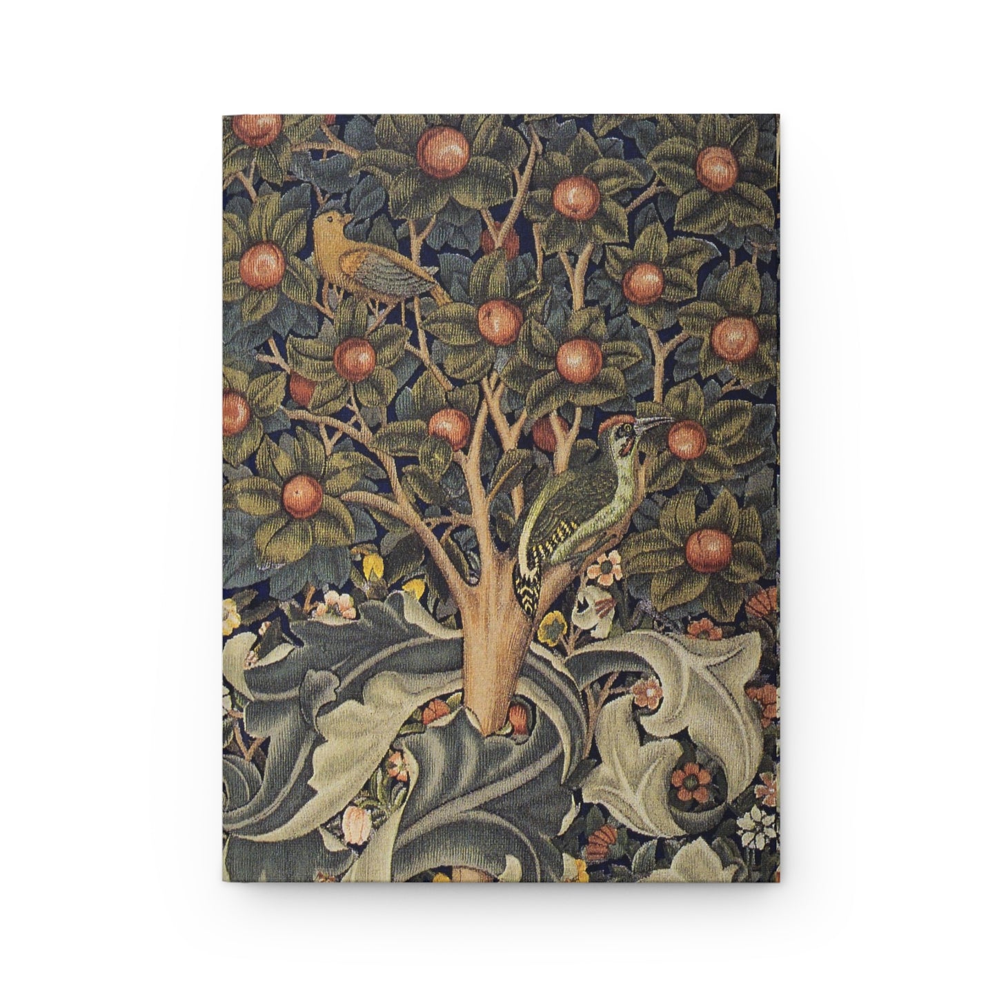 Notebook with a decorative cover featuring birds and fruit trees on a white background