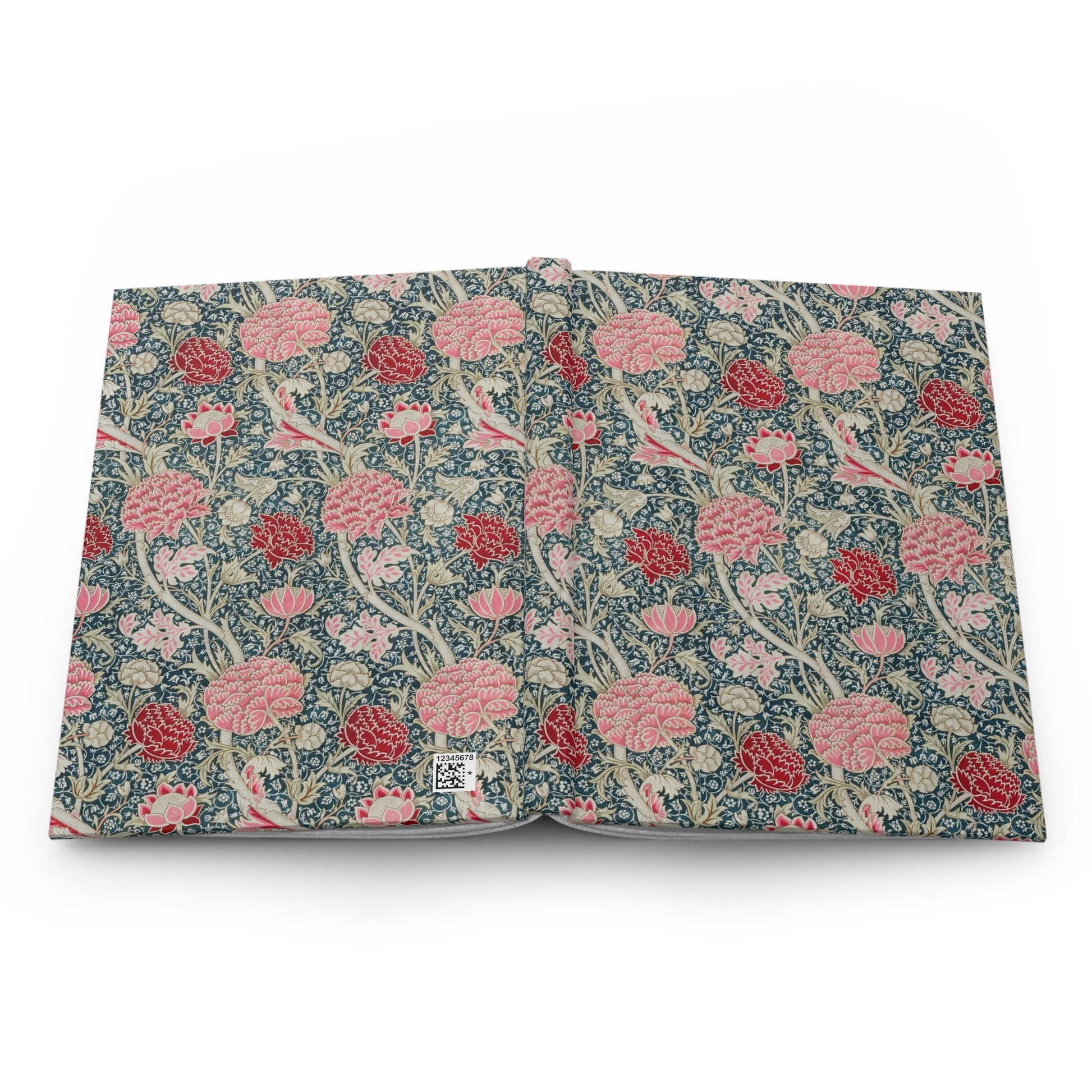 Floral-patterned fabric with a visible brand label on a white background