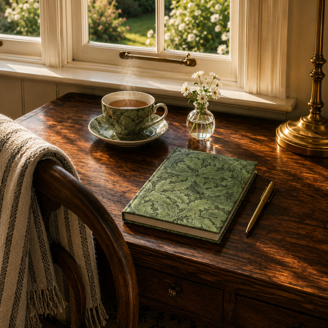 Tea cup with saucer, notebook, and pen on a wooden desk by a window with a view of greenery.