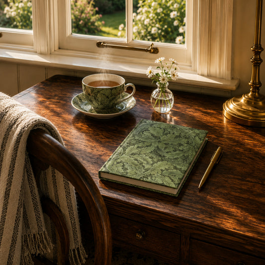 Tea cup with saucer, notebook, and pen on a wooden desk by a window with a view of greenery.