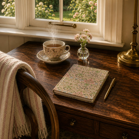 Tea cup with steam, notebook, pen, and small vase on a wooden table by a window with garden view.