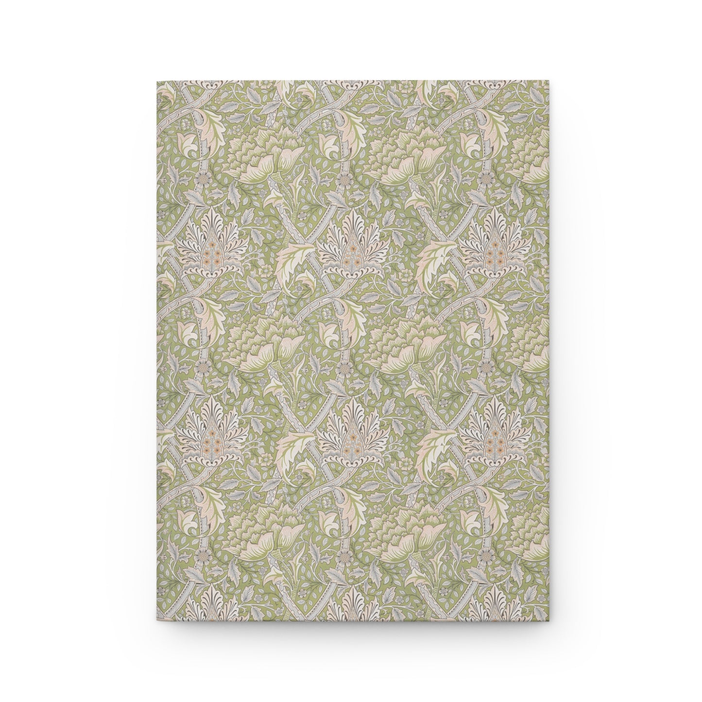 Notebook with a green and beige floral William Morris & Co pattern on a white background