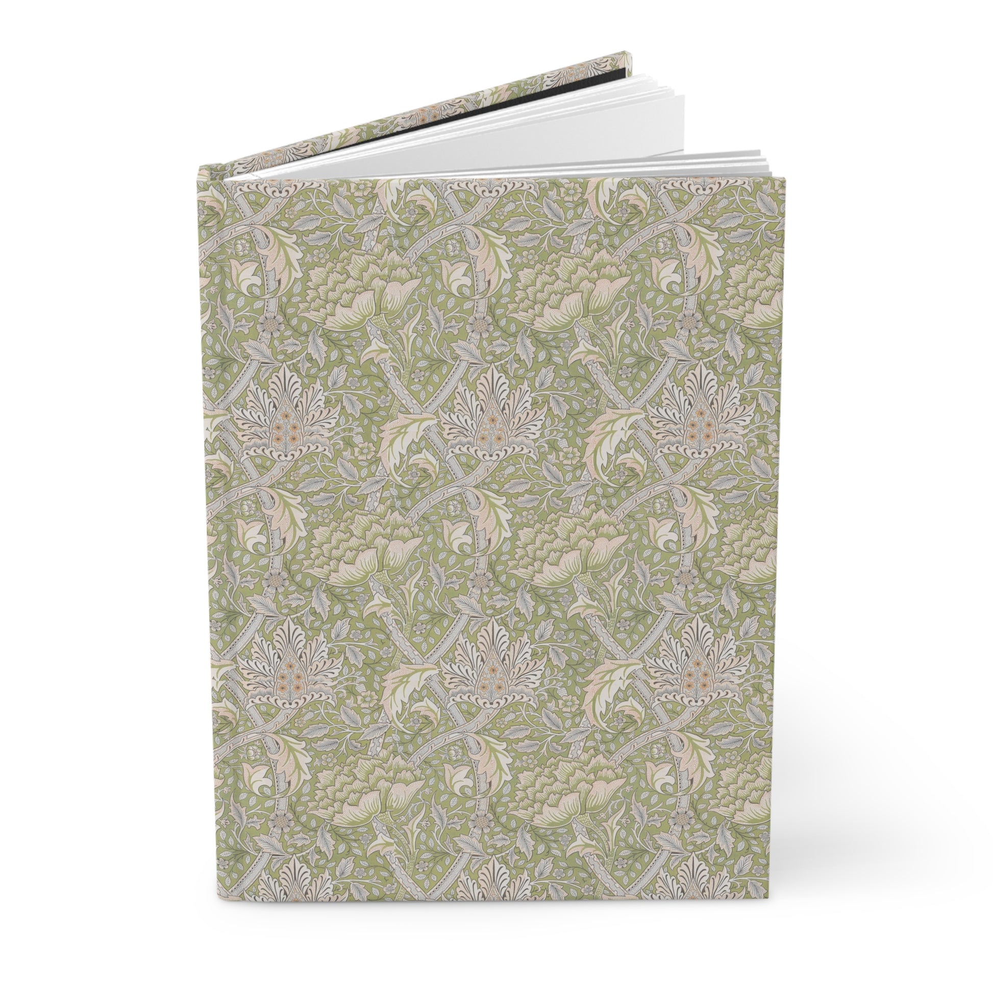 Notebook with a green and beige pattern on a white background