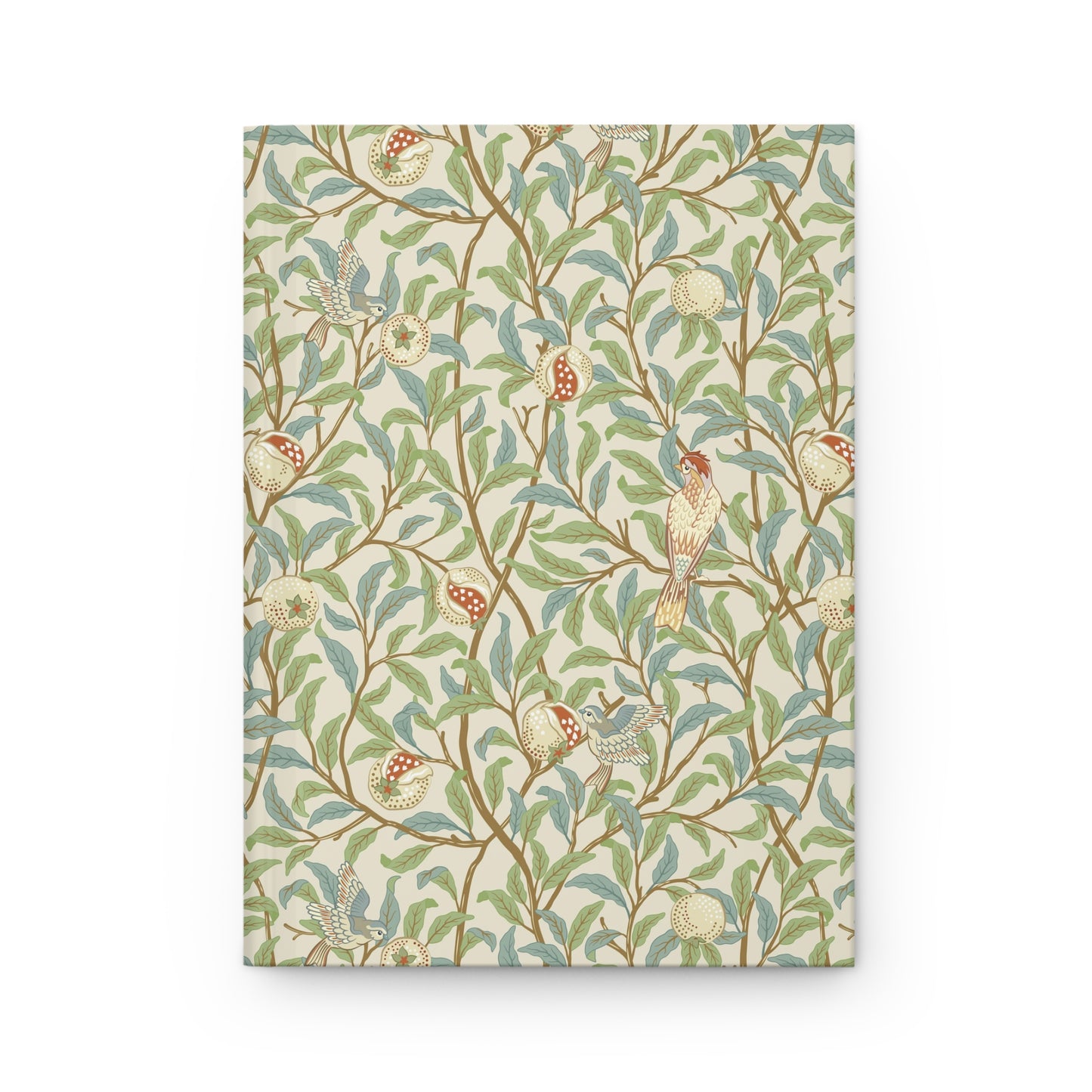 Notebook with a decorative cover featuring William Morris & Co birds and foliage on a white background