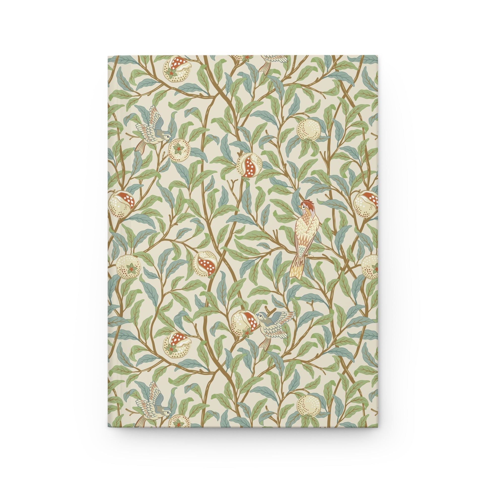 Notebook with a decorative cover featuring William Morris & Co birds and foliage on a white background