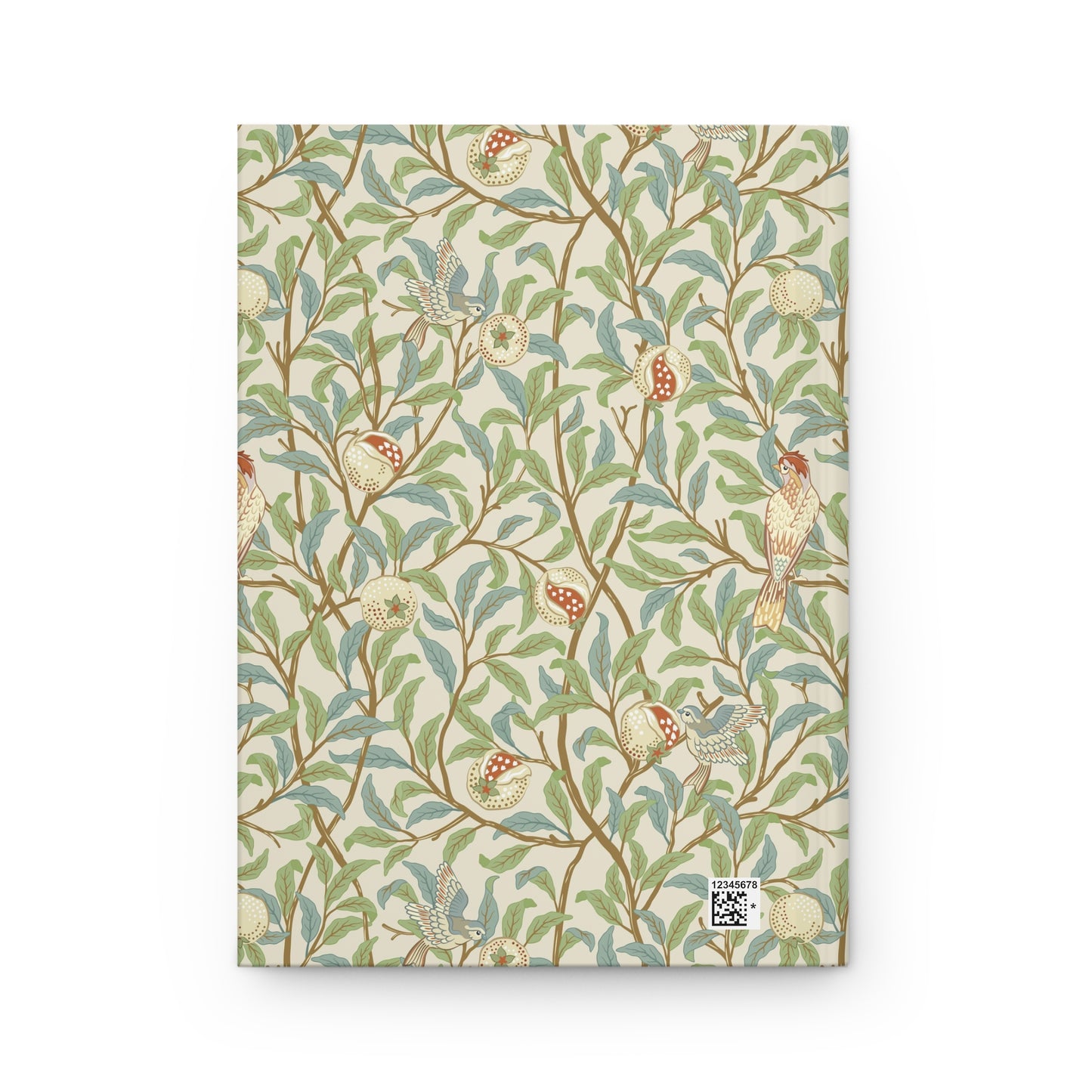 Notebook with a decorative cover featuring William Morris & Co birds and foliage on a white background