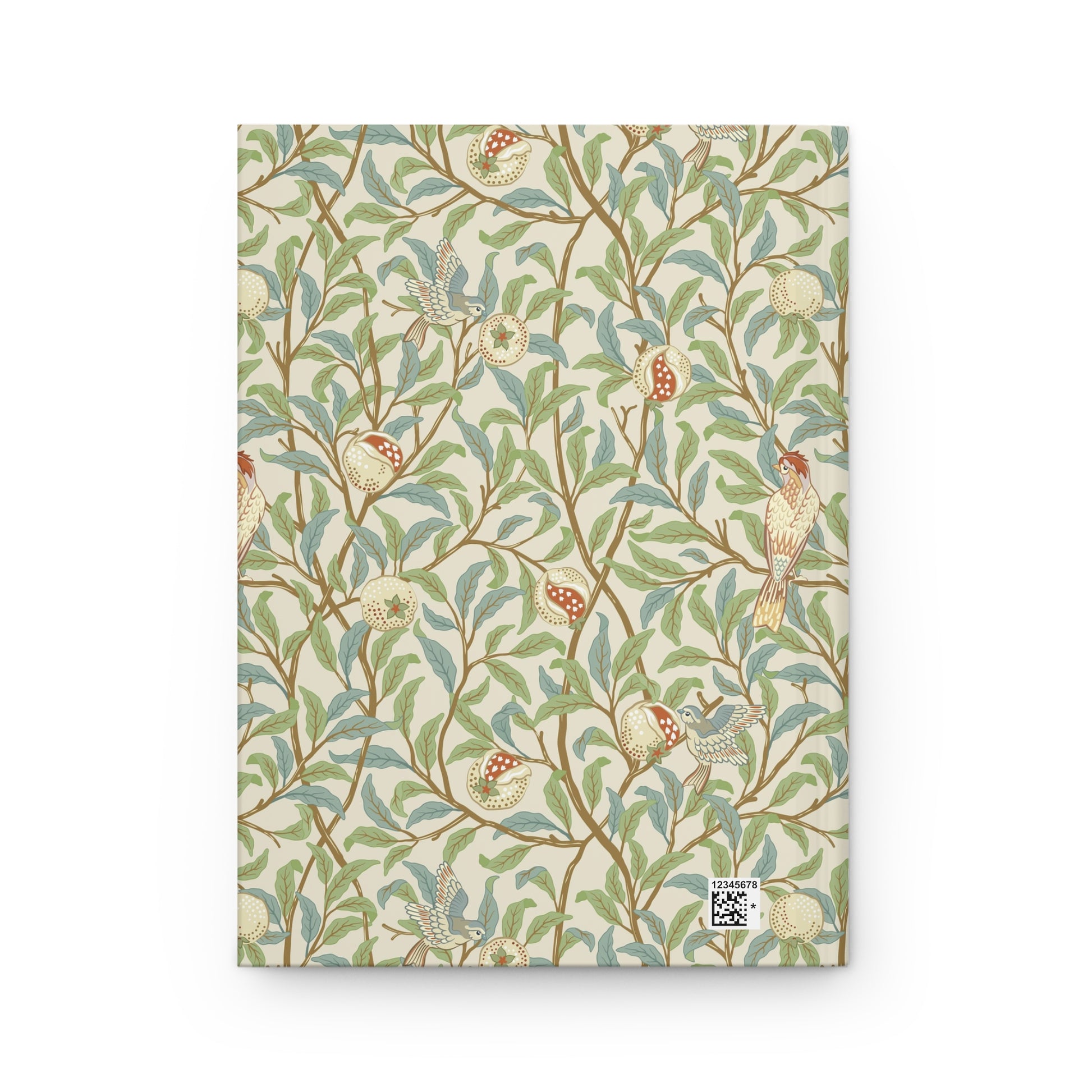 Notebook with a decorative cover featuring William Morris & Co birds and foliage on a white background