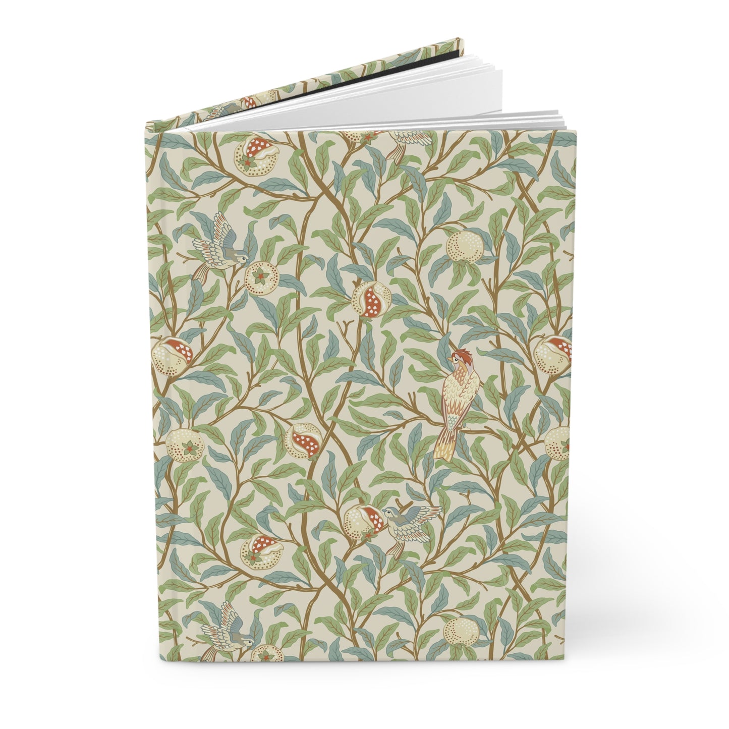 Notebook with a decorative cover featuring William Morris & Co birds and foliage on a white background
