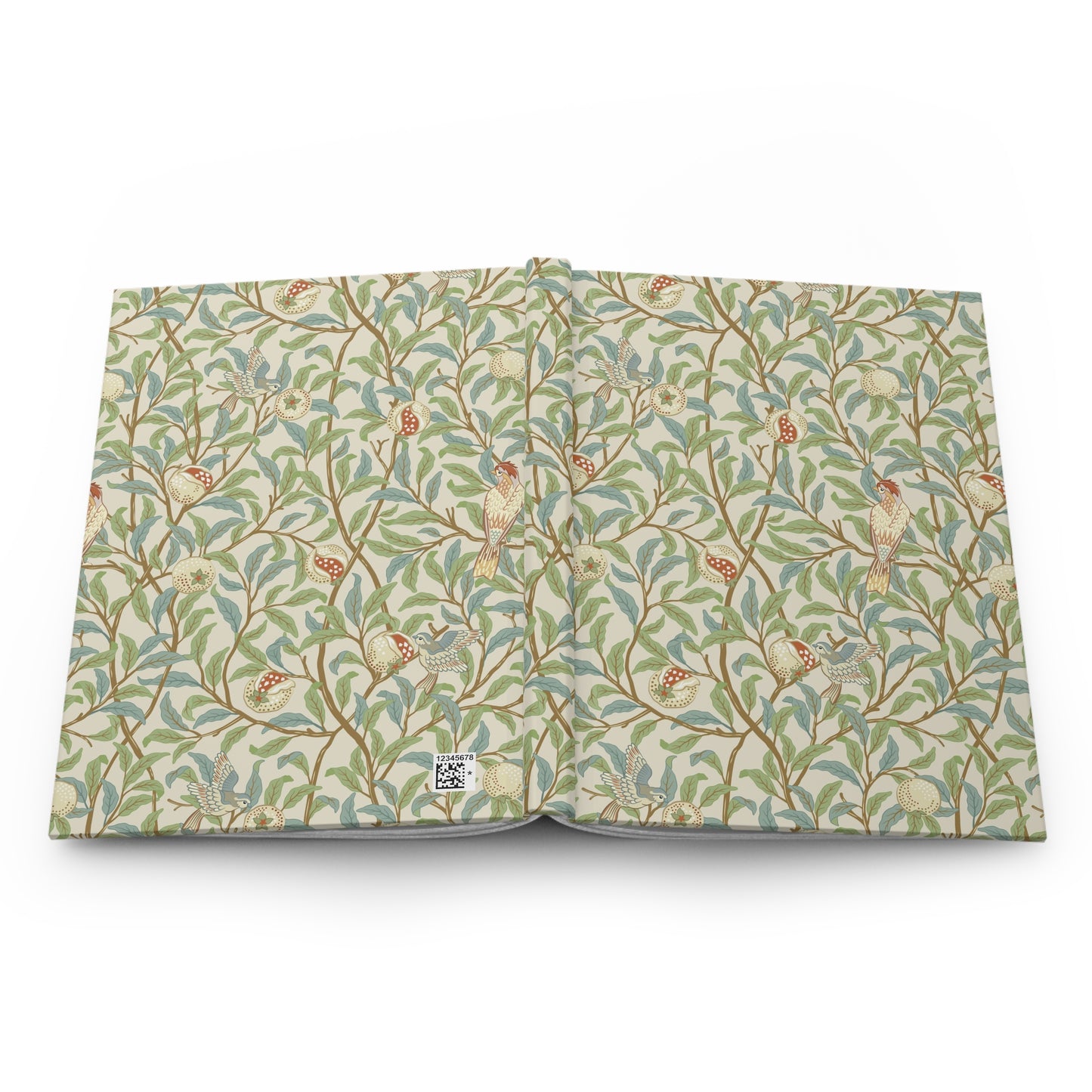 Floral patterned open notebook on a white background