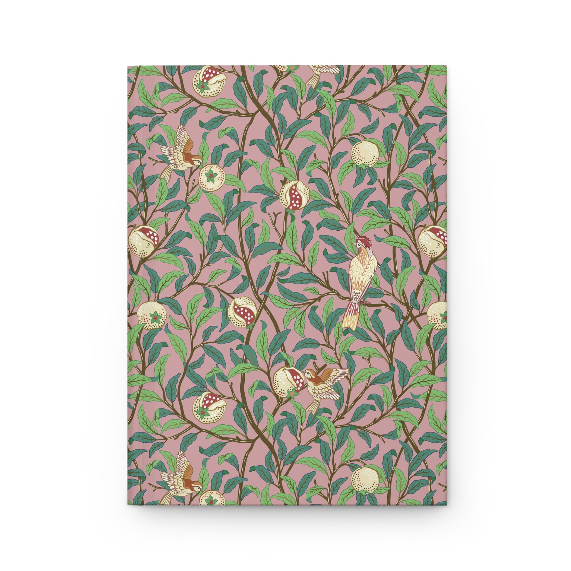 Notebook with a William Morris & Co decorative cover featuring birds and leaves on a pink background