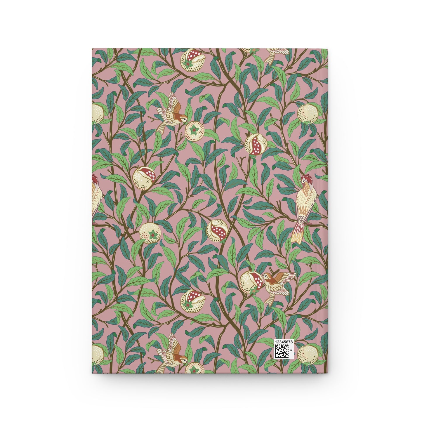 Notebook with a William Morris & Co decorative cover featuring birds and leaves on a pink background