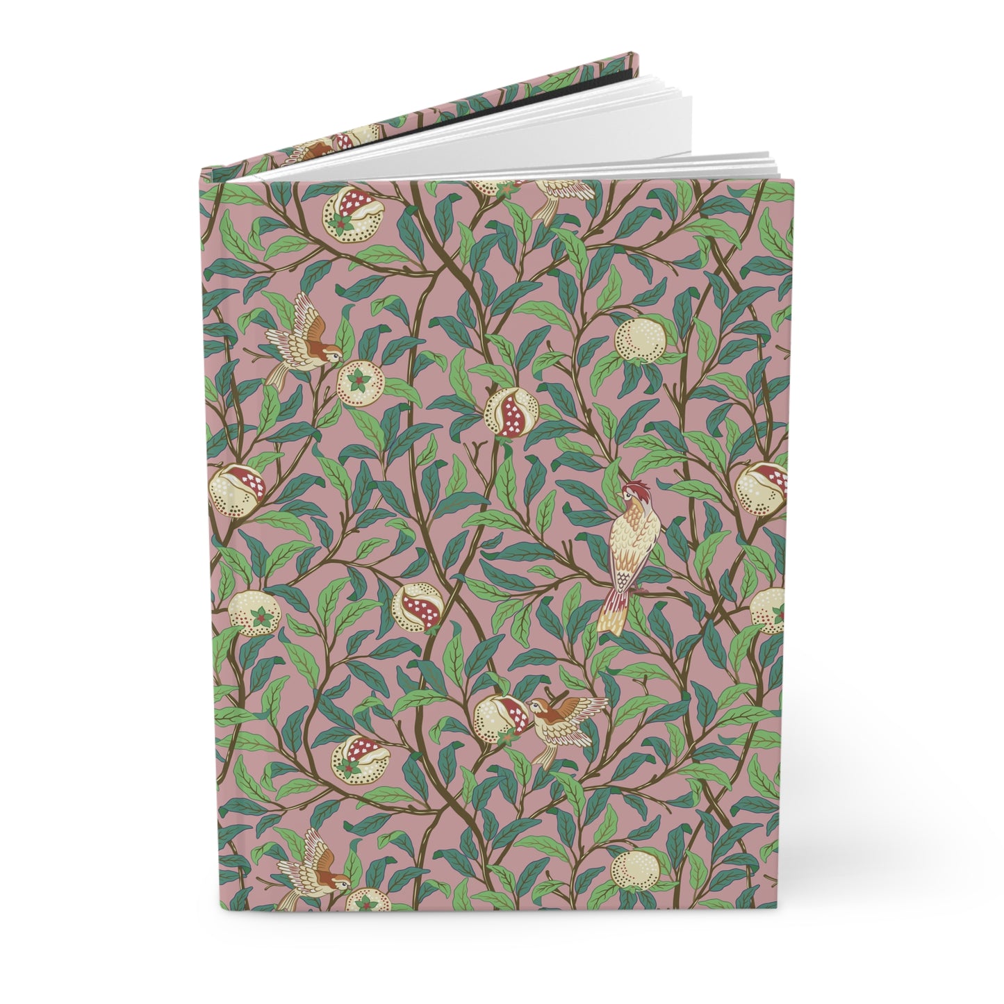 Notebook with a William Morris & Co decorative cover featuring birds and branches on a pink background