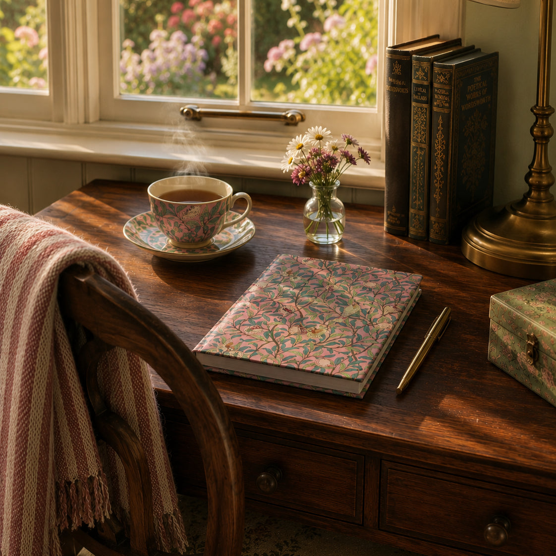 Cozy home scene with a cup of tea, books, and a notebook on a wooden desk by a window.