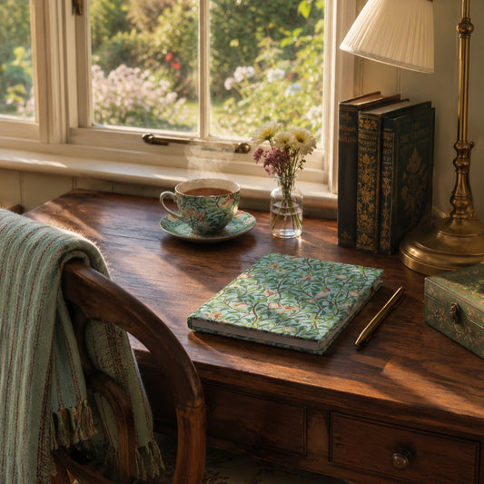 Wooden desk with a teacup, notebook, and books in a sunlit room.