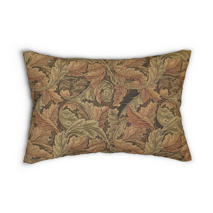 A rectangular lumbar cushion with a William Morris & Co floral pattern in brown, beige, and green colours, featuring a concealed zipper.