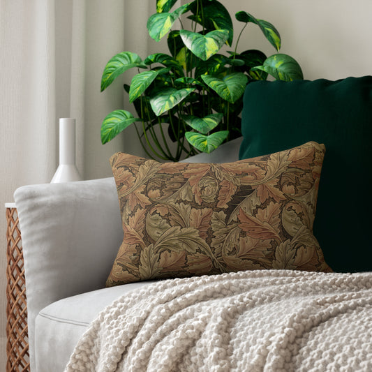 A rectangular lumbar cushion with a William Morris & Co floral pattern in brown, beige, and green colours, featuring a concealed zipper.