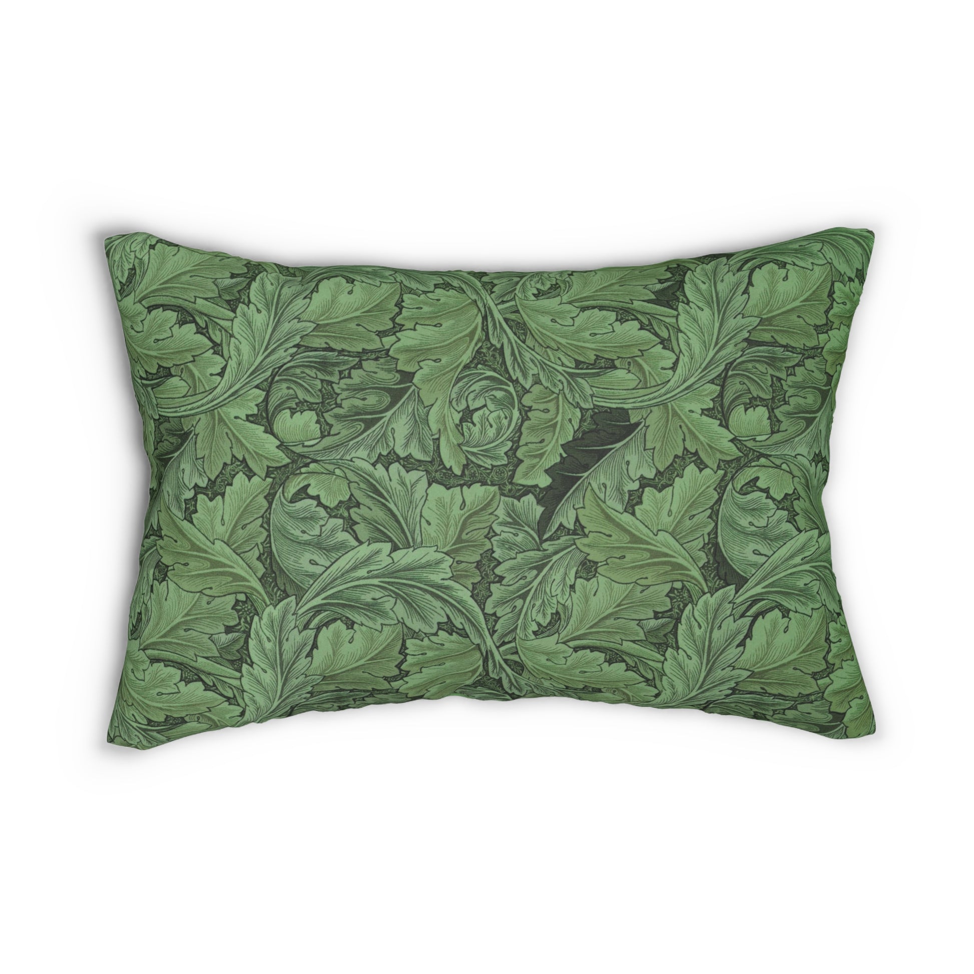 A green lumbar cushion with a floral William Morris & Co pattern, featuring a hidden beige zipper.