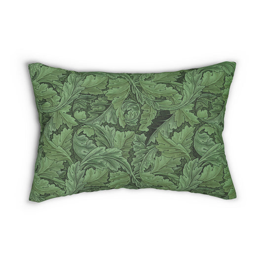 A green lumbar cushion with a floral William Morris & Co pattern, featuring a hidden beige zipper.
