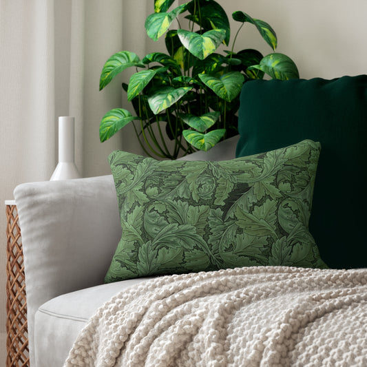 A green lumbar cushion with a floral William Morris & Co pattern, featuring a hidden beige zipper.