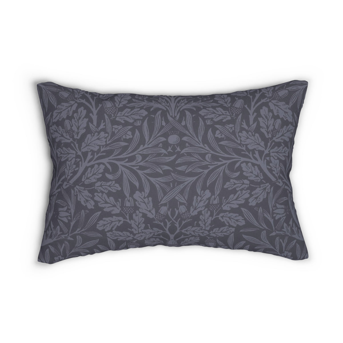 A rectangular throw pillow featuring a dark gray and slate blue botanical damask pattern, shown against a plain white background.