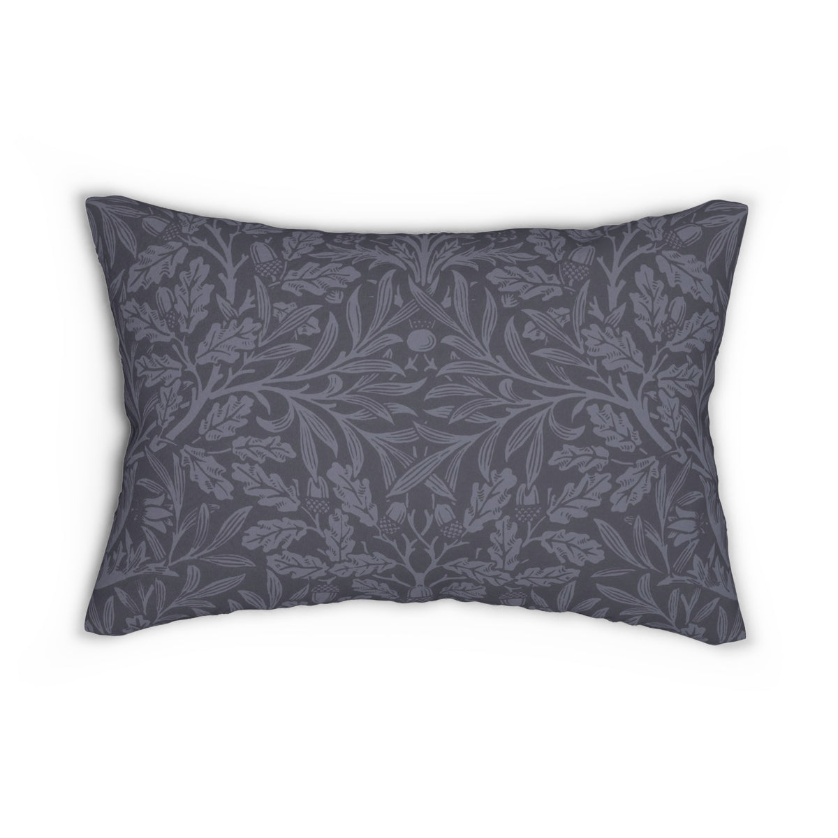 A rectangular lumbar pillow featuring a dark gray and slate blue botanical damask pattern, shown against a plain white background.