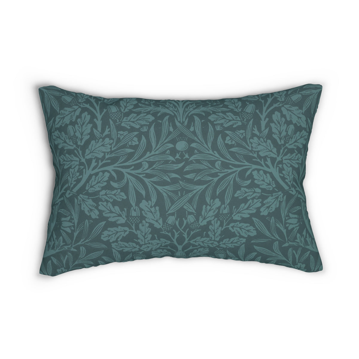 A rectangular throw pillow featuring a muted teal and dark teal botanical damask pattern, shown against a plain white background.