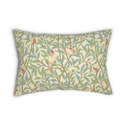 A rectangular William Morris & Co lumbar cushion with a bird and pomegranate design on a light background, featuring a concealed zipper.