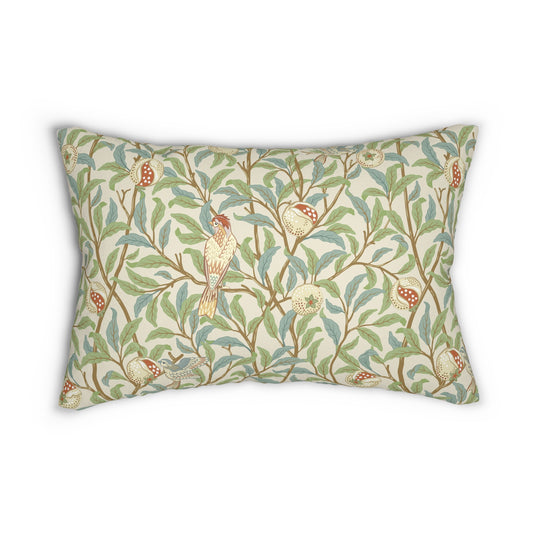 A rectangular William Morris & Co lumbar cushion with a bird and pomegranate design on a light background, featuring a concealed zipper.